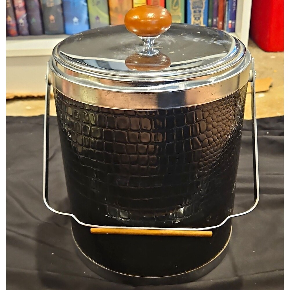 Vintage MCM KROMEX Chrome and Faux Black Alligator Leather Ice Bucket